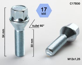 Kolový šroub ALU M12x1,25 L30mm kužel/17klíč C17B30